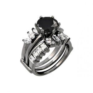 Sterling Silver 925 Black Rhodium Plated Black Clear Baguette Marquise Ring